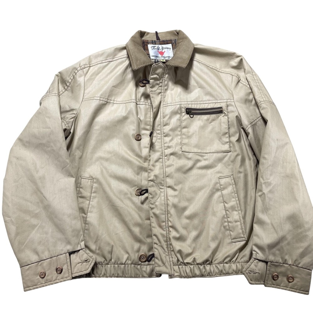 Vintage Field & Stream Jacket Mens Medium Beige Canvas Bomber Plaid Lined 70s